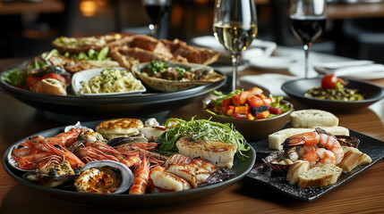 Fototapeta premium Luxurious dining table elegantly set with a variety of Western dishes, including a seafood platter, fresh salad, and fine wine, illuminated by soft ambient lighting in an upscale restaurant