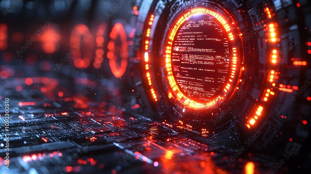 Poster Futuristic 3D rendered tech circle with neon lights and digital elements glowing on a dark background symbolizing big data and advanced technology innovations