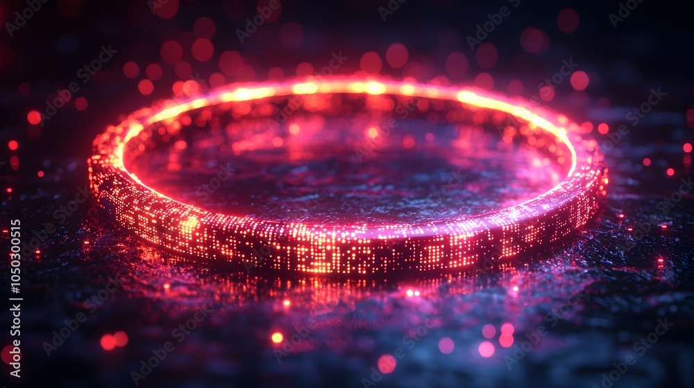 Poster Futuristic 3D Rendered Glowing Tech Circle with Neon Lights and Digital Elements on Dark Background Symbolizing Big Data Technology Innovation and the Digital Transformation