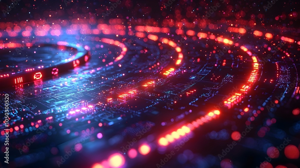 Poster Futuristic 3D Rendered Tech Circle with Glowing Neon Lights and Digital Elements Symbolizing Big Data and Advanced Technology