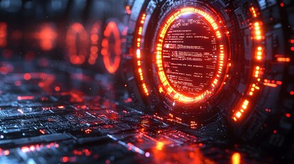 Futuristic 3D rendered tech circle with neon lights and digital elements glowing on a dark background symbolizing big data and advanced technology innovations