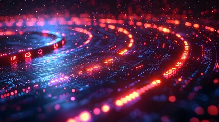 Futuristic 3D Rendered Tech Circle with Glowing Neon Lights and Digital Elements Symbolizing Big Data and Advanced Technology