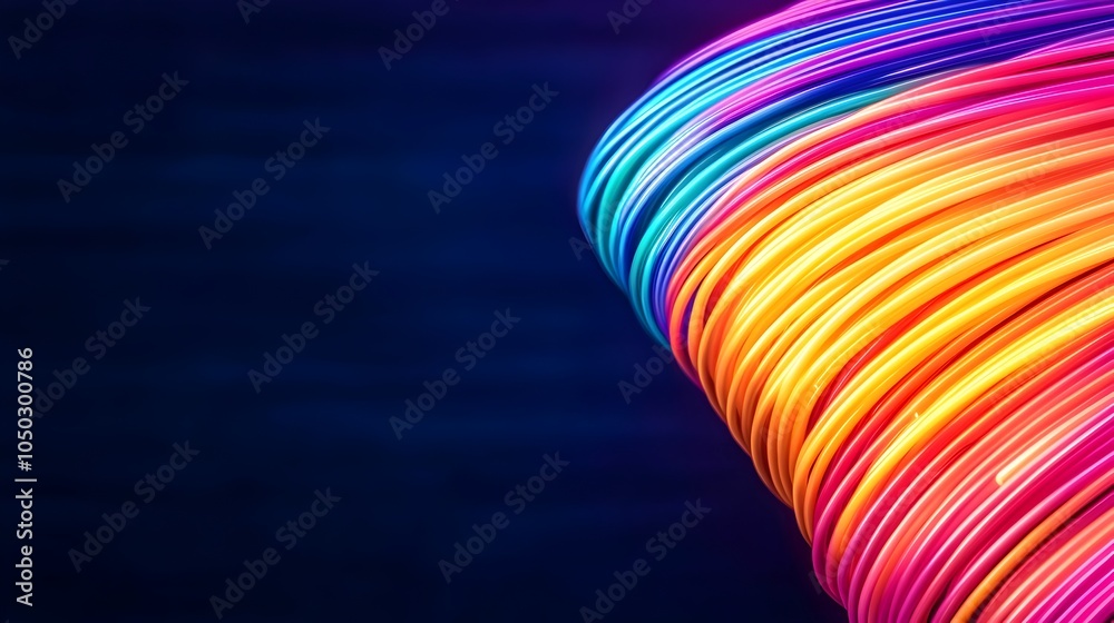 Fototapete Mesmerizing abstract macro shot of colorful illuminated fiber optic strands with soft glowing lights creating a captivating and textured composition over a dark moody backdrop