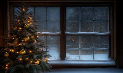 Christmas Tree by Snowy Window on a Silent Night