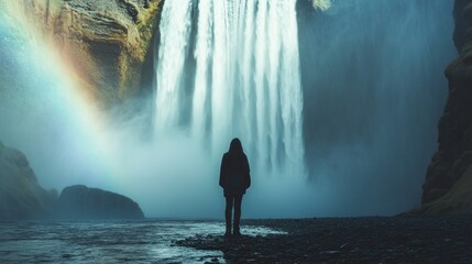 Obraz premium Woman overlooking majestic waterfall with mist and rainbows. Nature