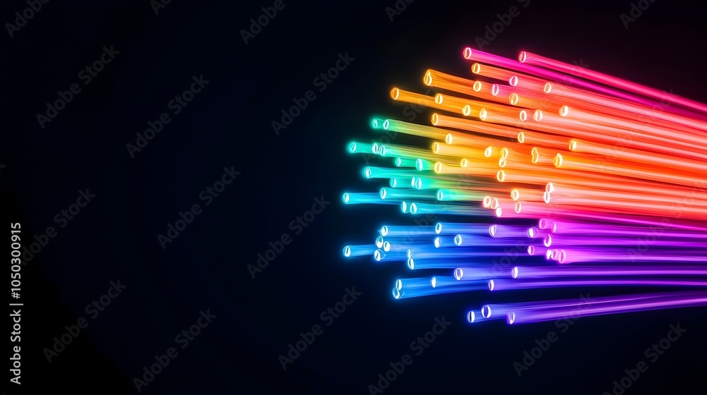 Poster Close up of mesmerizing glowing fiber optic cables radiating vibrant luminous colors against a pitch black background highlighting the intricate patterns and captivating light flow
