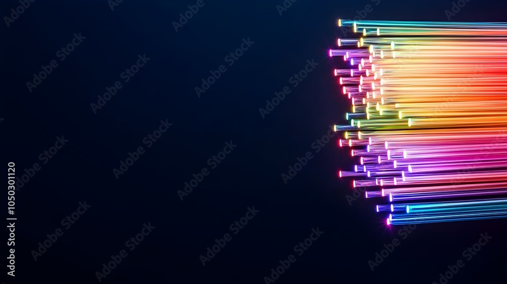 Fototapete Close up macro shot of fiber optic cables emitting glowing multicolored rainbow lights in various directions creating a radiant luminous and ethereal effect against a deep dark background