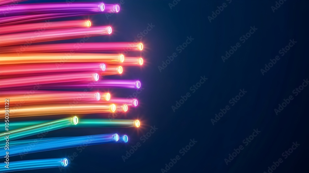 Fototapete close up macro shot of fiber optic cables emitting radiant rainbow colored light in various directio
