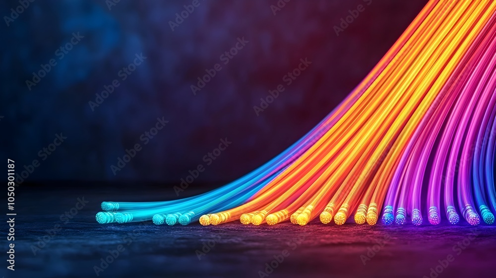 Poster Stunning close up of glowing fiber optic cables with vivid pulsating colors delicately spreading across a dark contrasting surface creating a mesmerizing and futuristic visual experience