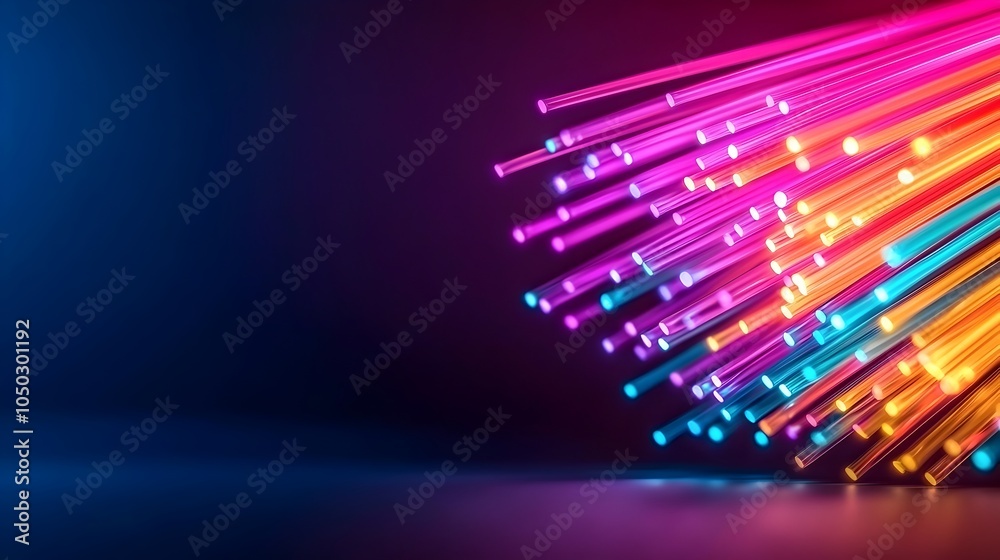 Poster Stunning close up of glowing fiber optic cables with vivid pulsating colors delicately spreading across a dark contrasting surface creating a captivating futuristic and mesmerizing visual experience