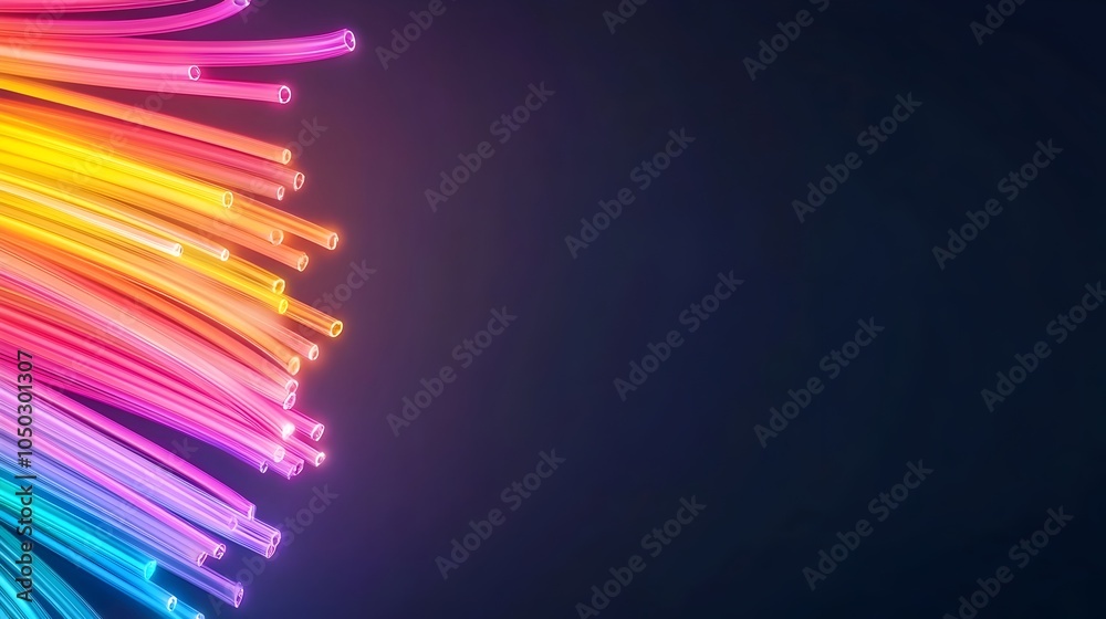 Aufkleber Mesmerizing close up of fiber optic strands glowing in a captivating array of vibrant multicolored hues against a solid dark backdrop  The strands curve and scatter light creating a mesmerizing