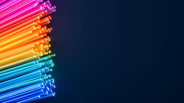 Mesmerizing close up of fiber optic strands glowing in a mesmerizing array of vibrant multicolored hues gently curving and scattering light against a solid dark backdrop creating a stunning - Powered by Adobe