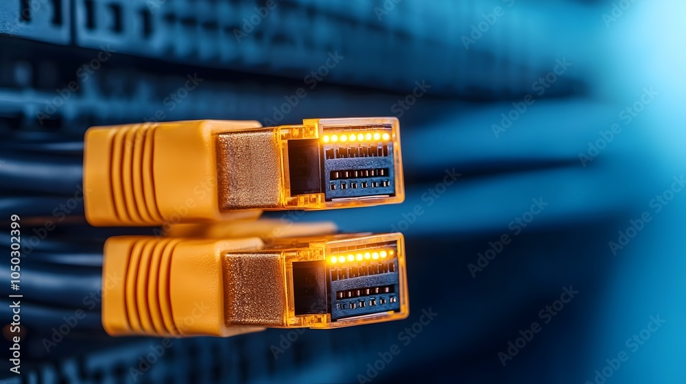 Aufkleber Close up view of glowing RJ45 Ethernet cables with bright LED lights highlighting the dynamic nature of modern networking and digital infrastructure
