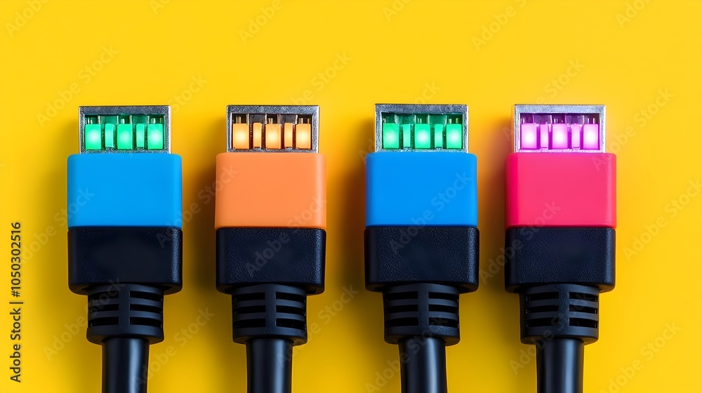Poster Close up view of glowing and vibrant Ethernet cables displaying detailed network connections and colorful illumination in a modern tech setup