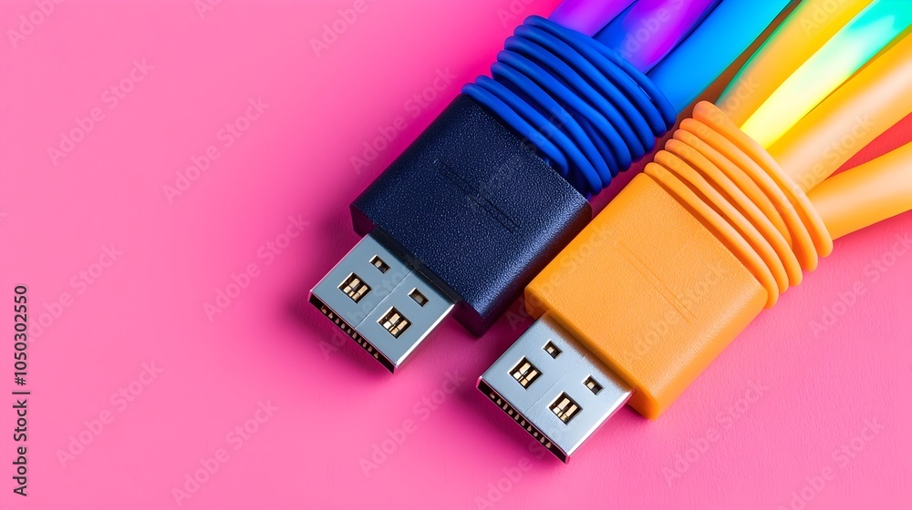 Poster Close up of Vibrant Glowing and Colorful LED Illuminated Ethernet Cables Highlighting the Intricate Details and Connectivity of Network Technology