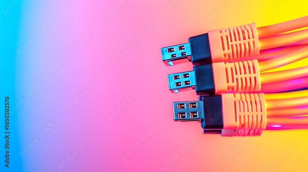 Poster a close up view of colorful led lit rj45 ethernet cables highlighting the intricate patterns texture