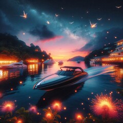 Boat with glowing flowers and fireflies