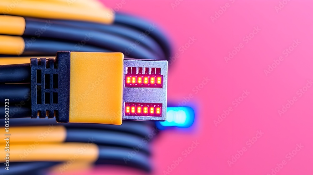 Poster high detail close up of rj45 ethernet cables emitting vibrant led lights capturing the sleek design 