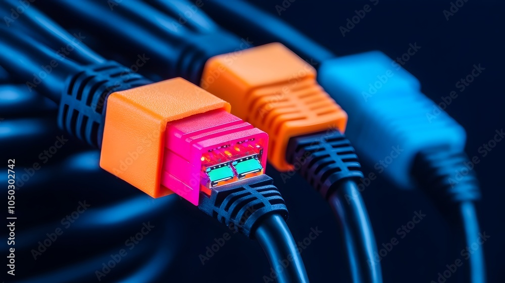 Poster sleek close up view of colorful vibrant led illuminated ethernet cables showcasing the essence of mo