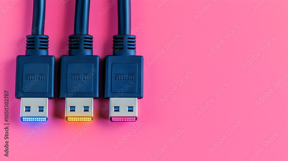 Poster Close up of vibrant LED illuminated RJ45 Ethernet cables capturing the sleek design and modern technology of data transmission cables used in digital connectivity and information exchange