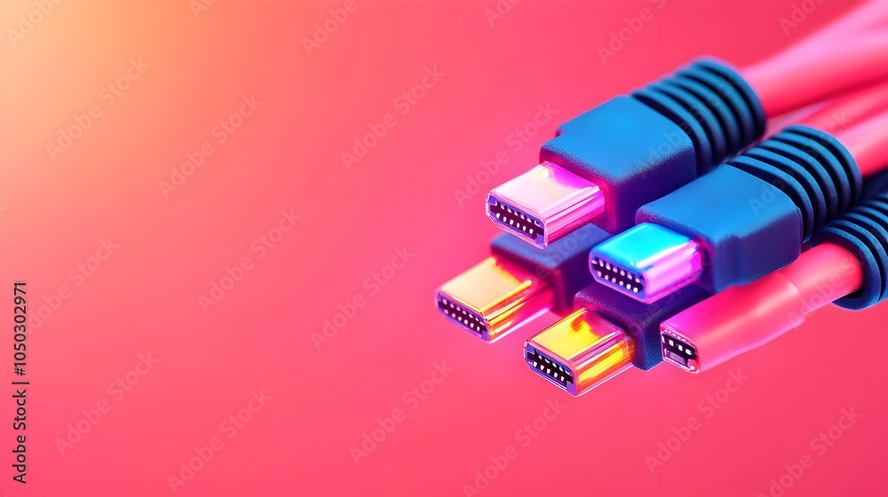 Poster Closeup view of ethernet cables with RJ45 connectors glowing in vibrant LED lights highlighting the intricate details and patterns of the high tech hardware