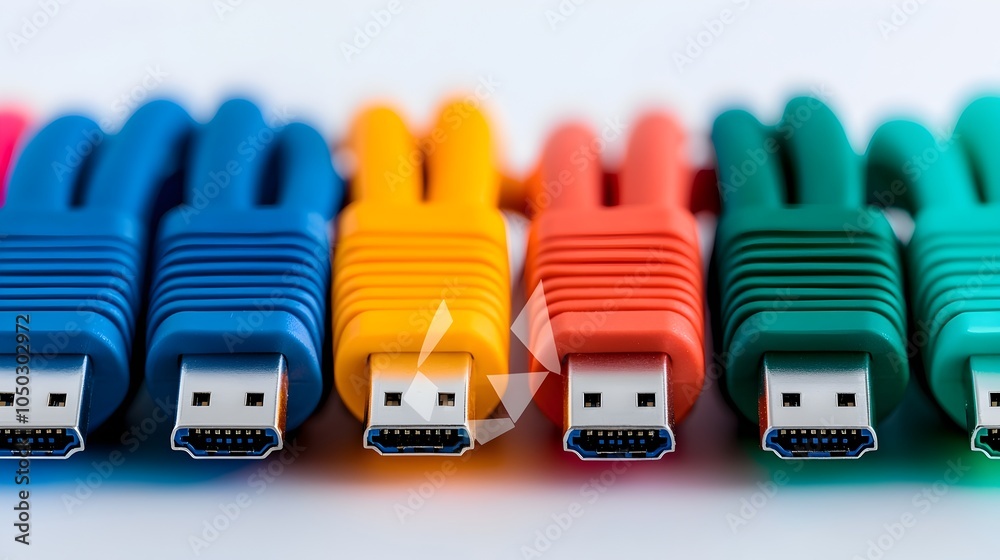 Leinwandbilder Close up of vibrant LED lit RJ45 Ethernet cables highlighting the colorful network connections and the sleek design of advanced data transmission technology