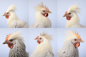 Portrait of a collection of white chickens in standing profile isolated on a white background