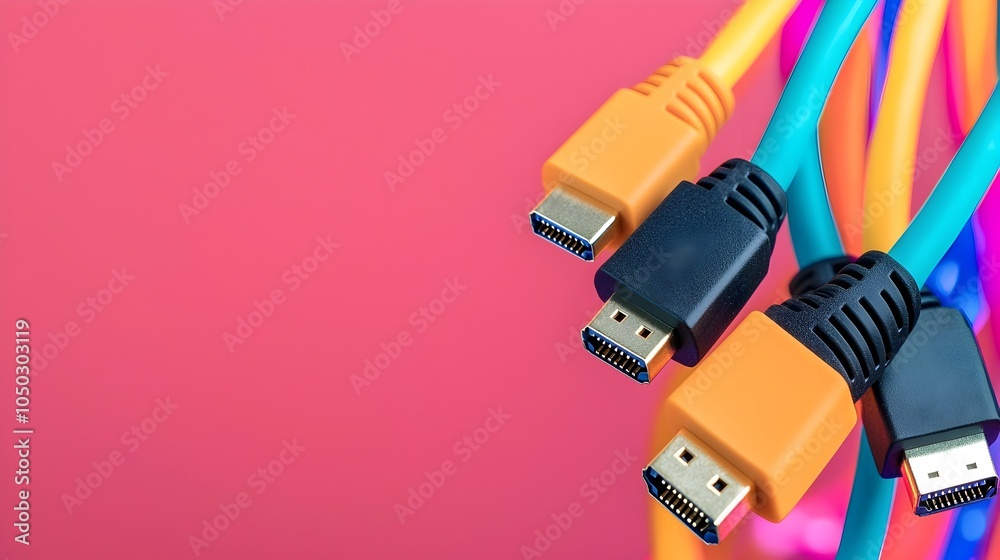 Poster Detailed close up of vibrant LED illuminated Ethernet cables showcasing the dynamic and modern connectivity of digital communication networks