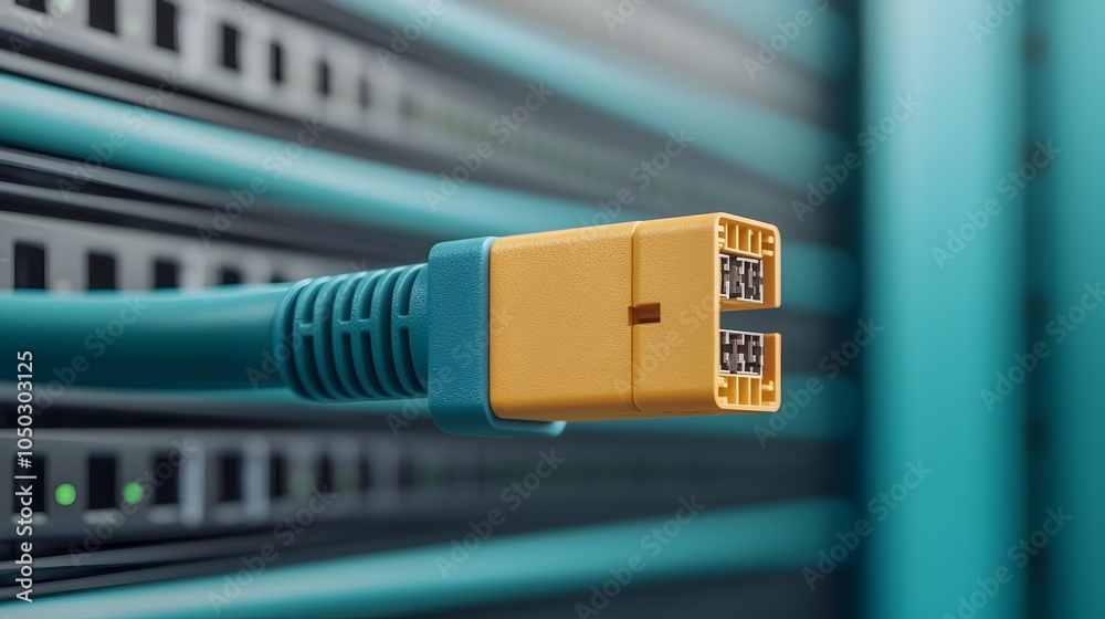Poster Detailed close up shot of a blue ethernet cable being inserted into a server port showcasing the intricate connection and infrastructure of a modern data center  The image highlights the technology