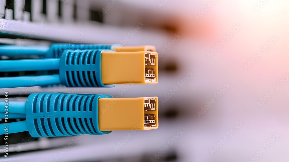 Fototapete Detailed close up shot of a blue ethernet cable being inserted into a server port showcasing the intricate connection and tech infrastructure within a modern data center setting
