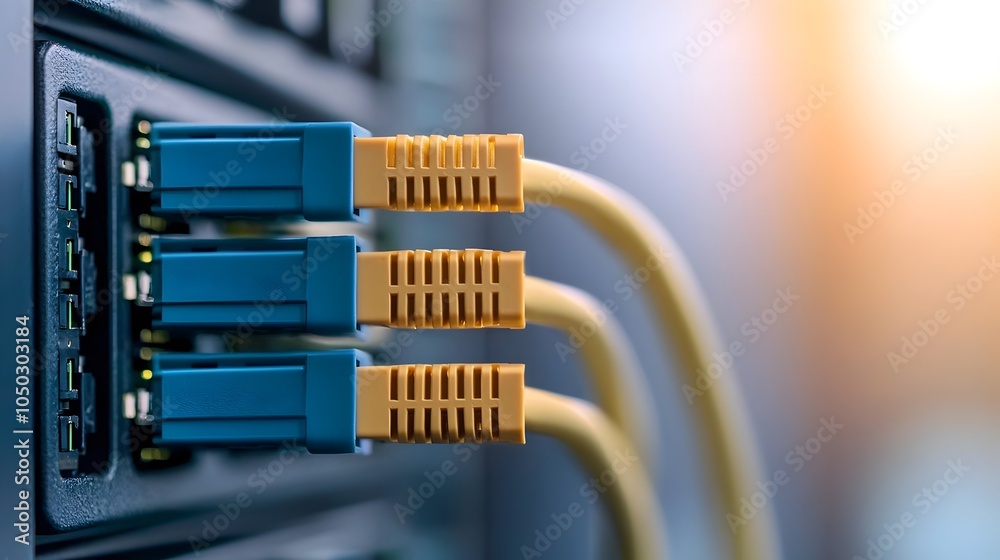 Poster Detailed close up shot of a blue ethernet cable being inserted into a server port showcasing the connection and tech infrastructure within a modern data center