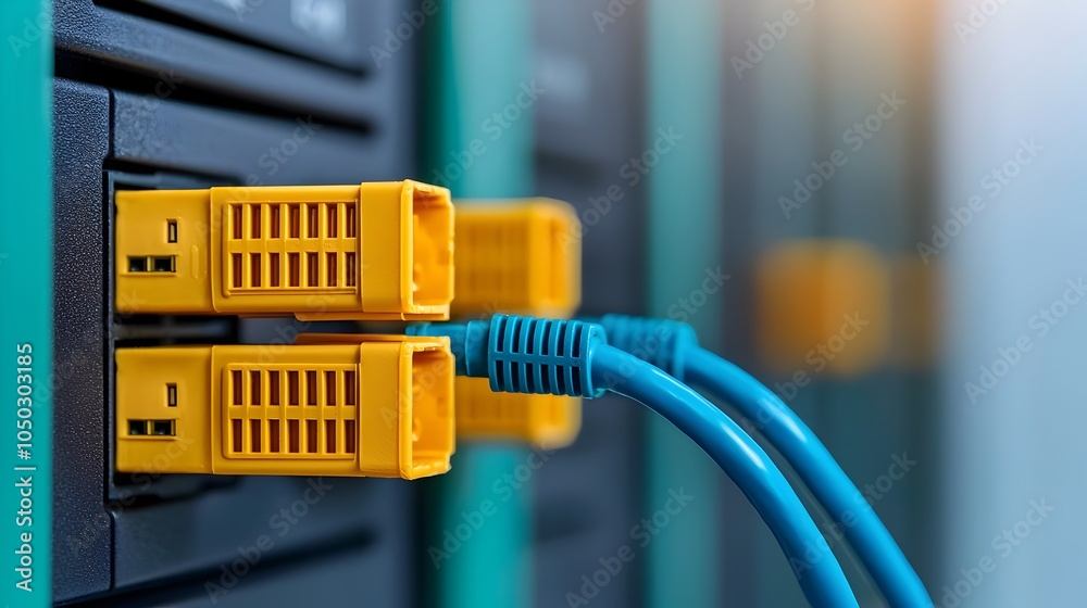 Fototapete Close up view of a blue Ethernet cable securely plugged into a network server port