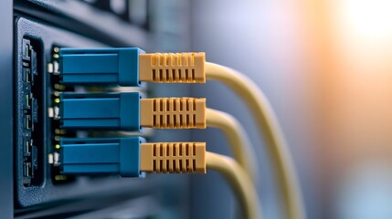 Detailed close up shot of a blue ethernet cable being inserted into a server port showcasing the connection and tech infrastructure within a modern data center