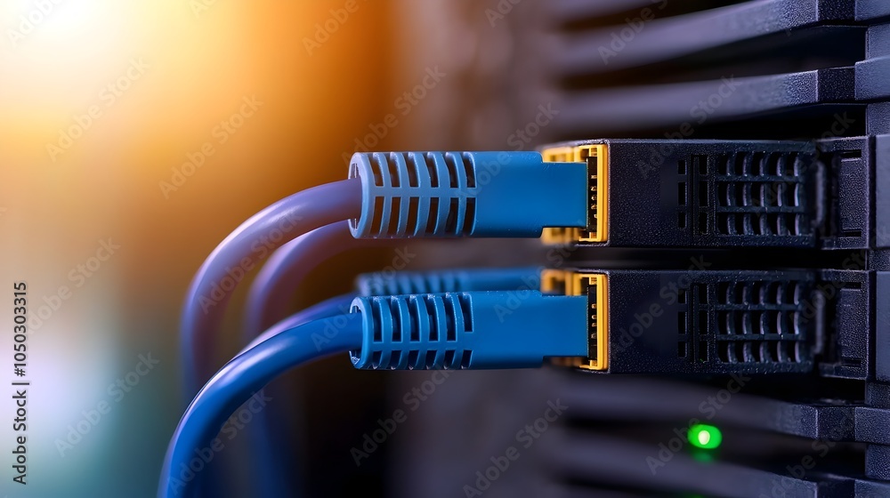 Poster Close up Macro Shot of a Blue Ethernet Cable Securely Plugged into a Network Server Port Highlighting the Connection Point and Modern Technology Setup