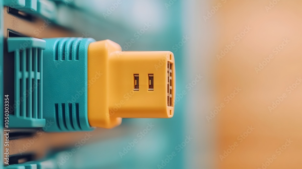 Fototapete Close up of a blue ethernet cable securely plugged into a network server showcasing the technology interface and digital connectivity for enterprise data communication