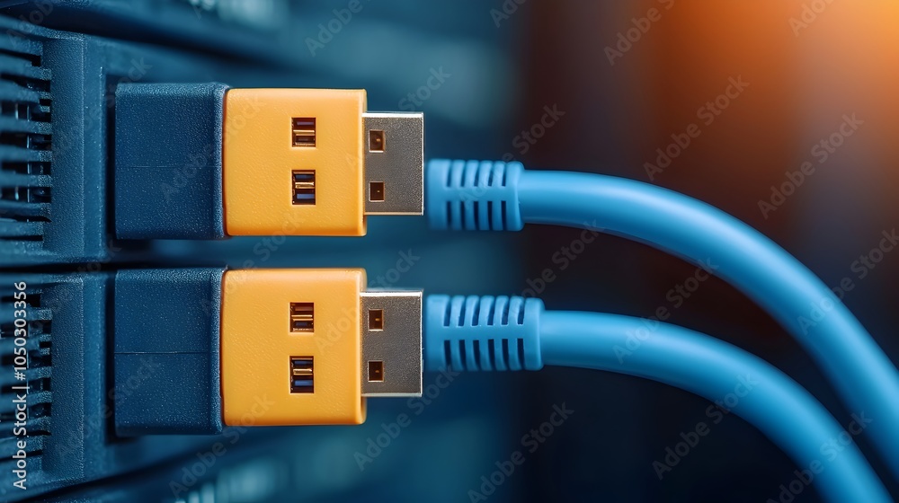 Aufkleber Detailed view of a blue Ethernet cable securely connected to the port of a network server showcasing the technology interface and hardware components of a digital communication system