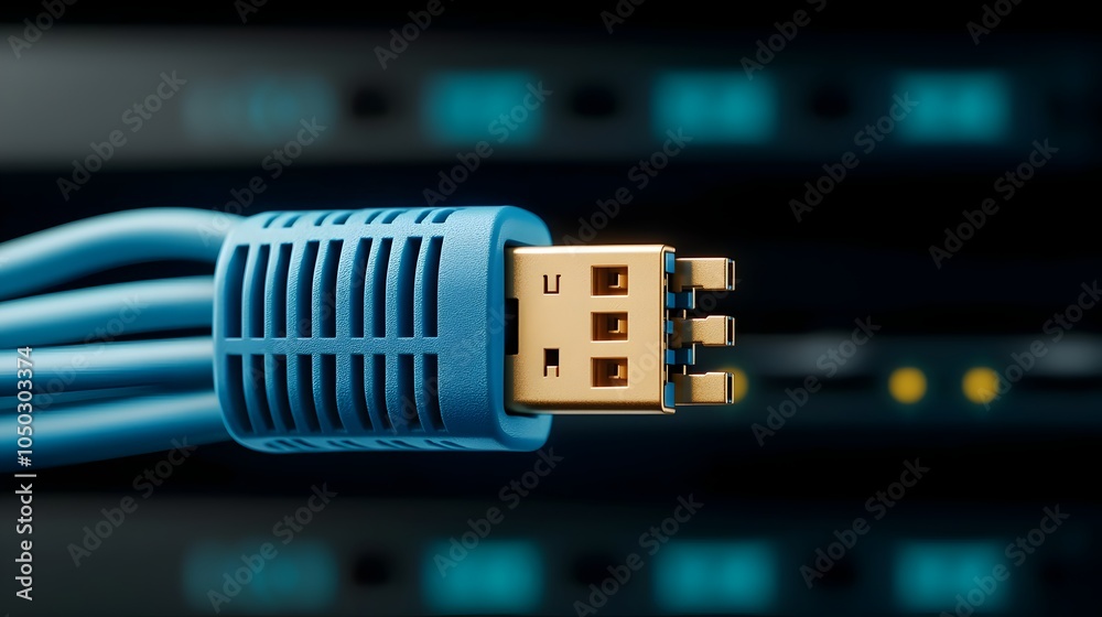 Poster High Detail Close Up of a Blue Ethernet Cable Securely Plugged Into a Network Server Showcasing the Precision Technology Interface for Digital Communication and Data Transmission