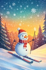 Cute snowman ski in snow field in mountain.