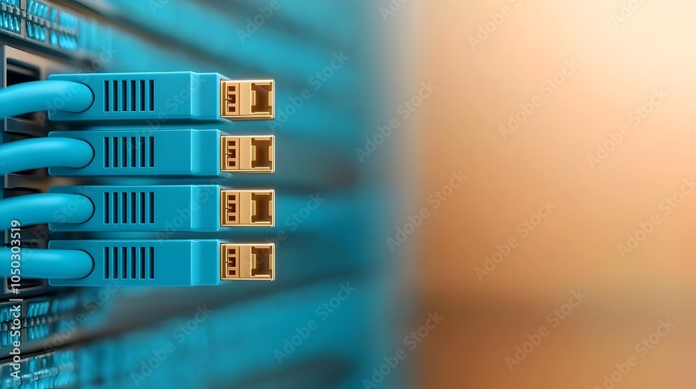Aufkleber close up detailed shot of a firmly and securely connected blue ethernet cable plugged into a server 