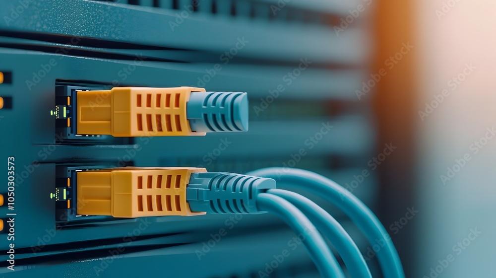 Aufkleber Close up view of a detailed blue ethernet cable plugged into a network server highlighting the physical connectivity and the high tech digital environment of modern IT infrastructure