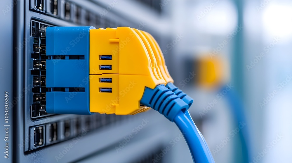 Poster Close up detailed view of a blue ethernet cable plugged into a network server emphasizing the physical connection and the high tech environment of the digital infrastructure