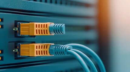 Close up view of a detailed blue ethernet cable plugged into a network server highlighting the physical connectivity and the high tech digital environment of modern IT infrastructure