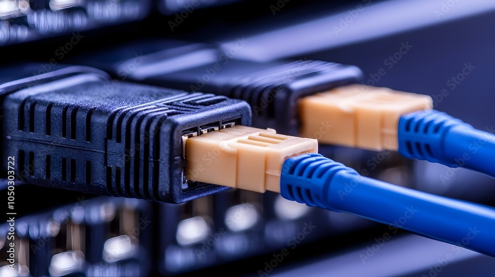 Aufkleber Detailed close up view of a blue ethernet cable securely connected to a server showcasing the physical connection that powers a high tech network environment