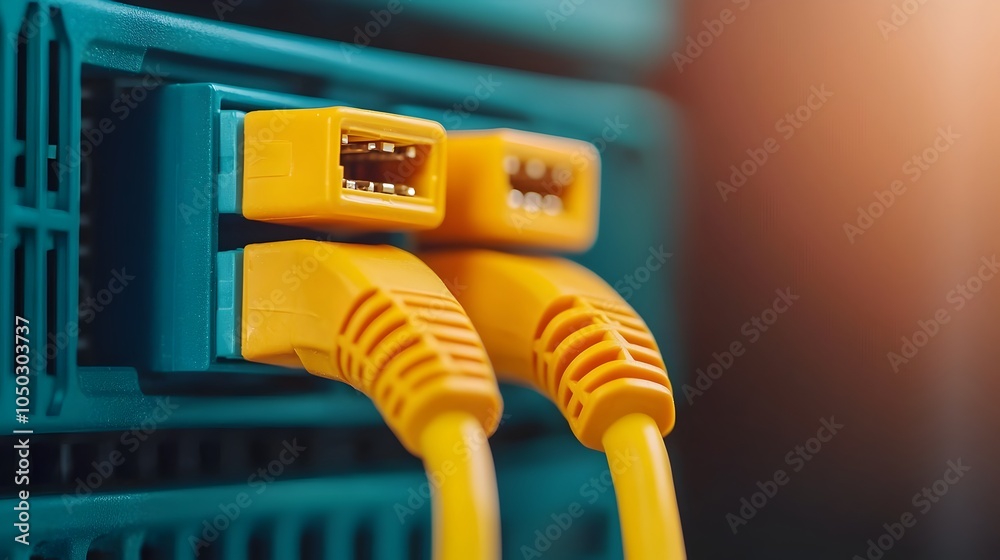 Poster Detailed Close up View of a Blue Ethernet Cable Securely Connected to a High Tech Server Network Environment