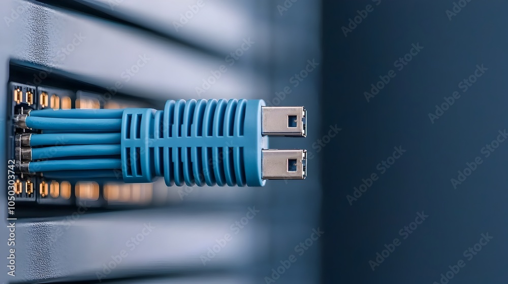 Poster Precision Network Infrastructure Showcased Through Ethernet Cable and Server Port Connection   Close up view of a blue ethernet cable being inserted into a server port