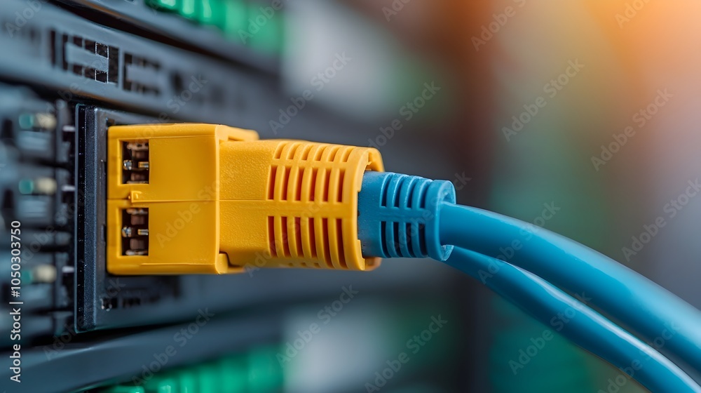 Poster Close up photograph of a blue ethernet cable securely inserted into a server port emphasizing the precision and advanced technology behind modern network infrastructure and data connectivity