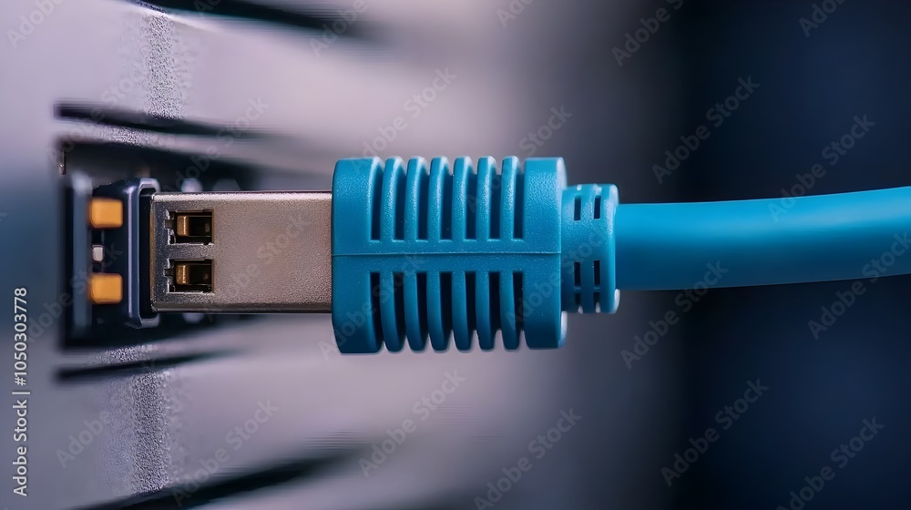 Poster Close up view of a blue ethernet cable being inserted into a metallic server port highlighting the precision and technology behind modern network infrastructure and digital connectivity