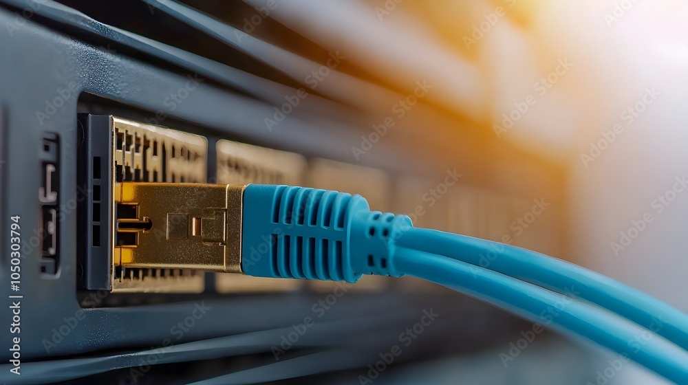 Aufkleber Close up Detailed Shot of a Modern Network Server with a Blue Ethernet Cable Plugged In Highlighting the Sleek Tech Savvy Design of the Digital Equipment