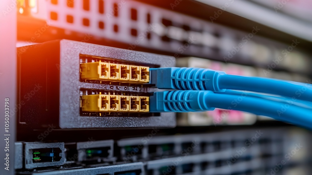 Poster Close up view of a sleek blue ethernet cable firmly inserted into a server port highlighting the precision and technological prowess behind modern network infrastructure systems
