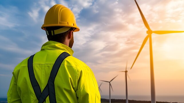 Offshore wind energy technician in yellow protective jacket adjusting turbine blades with the sky merging with the sea and safety gear glowing under the sunlight